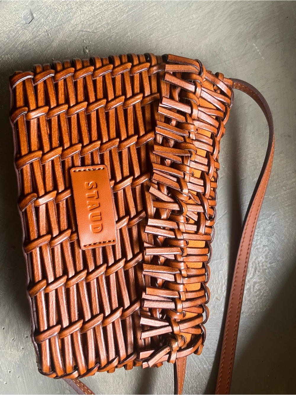 STAUD Woven Leather Crossbody in Cognac Brown